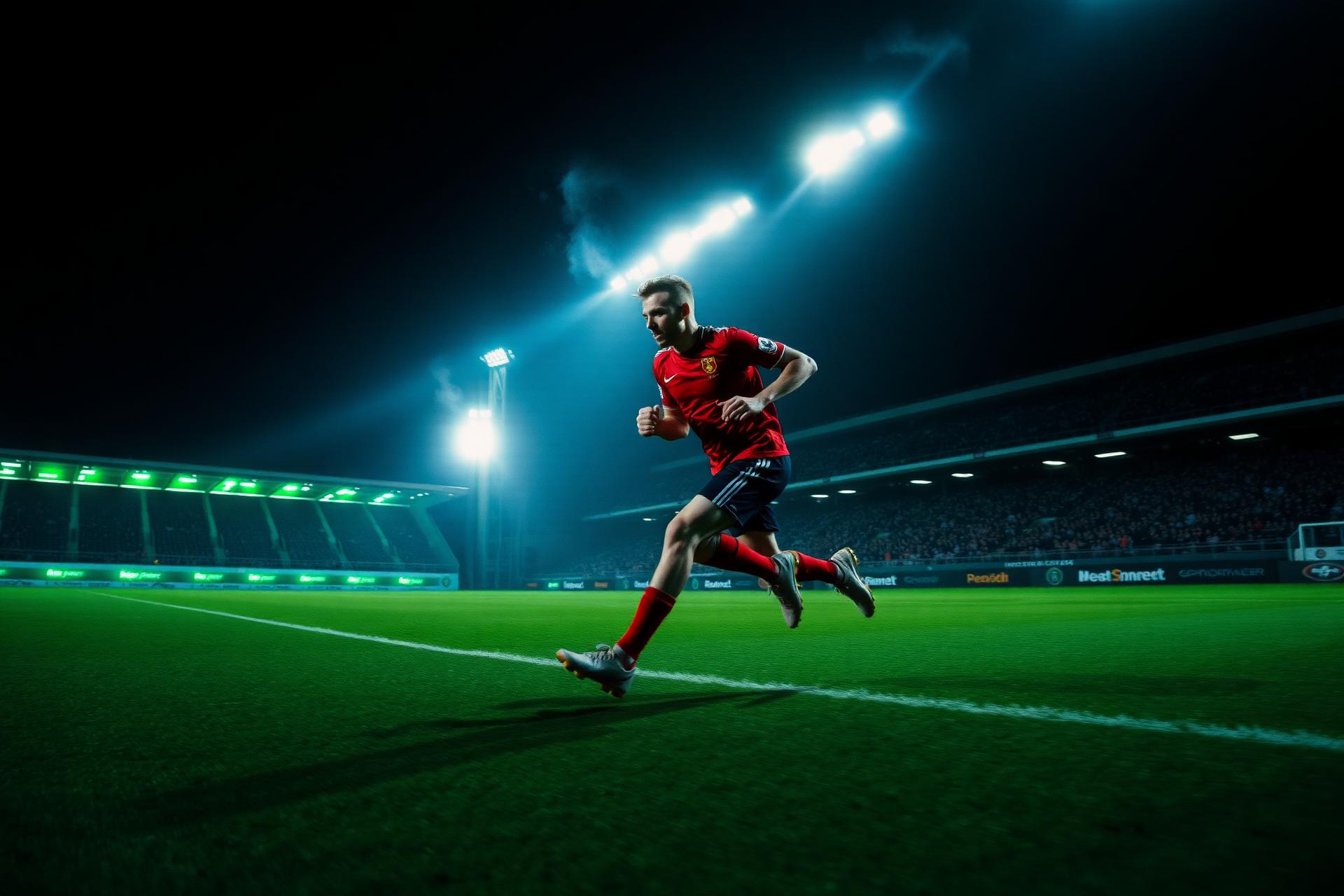 Footballer sprinting under stadium floodlights